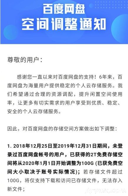 �ٶ�����2T��Ѵ洢�ռ佫�ǽ���2020��1��1�յ���Ϊ100G