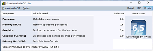 显示win10系统性能指标软件(ExperienceIndexOK)